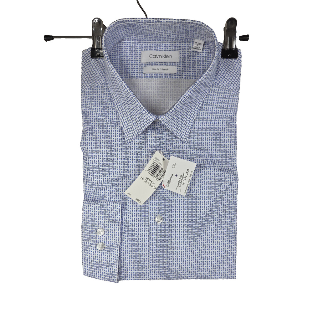 Calvin Klein Men Regular Fit Blue White Wrinkle Free Dress Shirt Large 16 16.5